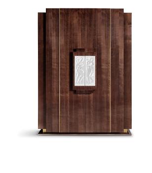 Femme bras levés cabinet in numbered edition, clear crystal, walnut and inox golden satin steel - Lalique